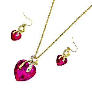 Fuchsia pink crystal heart necklace pendant earring set for women rope chain NEW